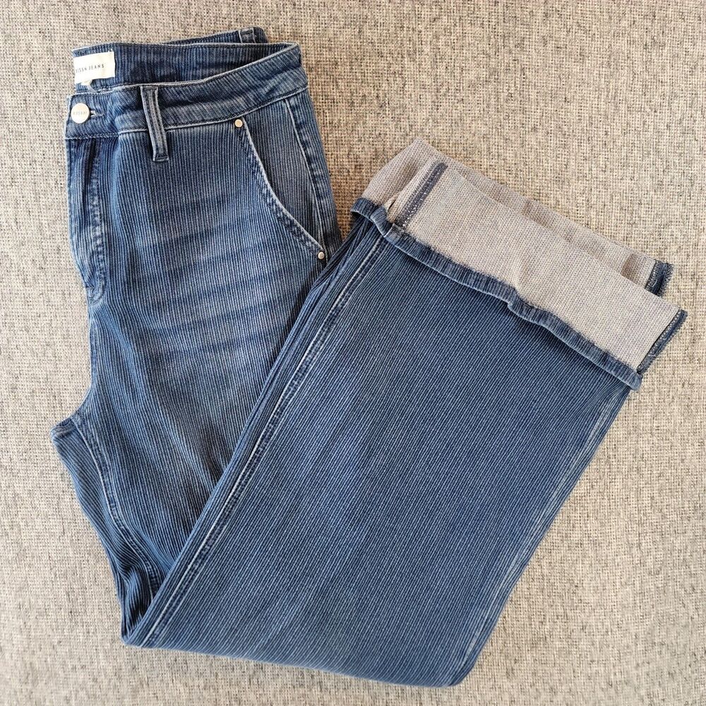 Risen Womens 15/32 Wide Leg Jeans Cuffed Textured Denim Corduroy High Rise Blue